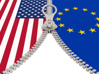Relationship between America and EU on white background. Isolated 3D illustration