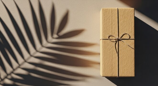 Minimalist wooden box gift tied with twine and palm leaf shadow
