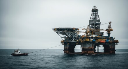Offshore oil rig towed by tugboat in overcast seas