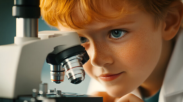 A young redhead boy looking into a microscope with a focused expression. Concept for science, education, and discovery.