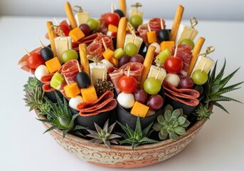 Photo of creative appetizer cone filled with cheese cubes, cherry tomatoes, olives, grapes, salami, and rosemary sprigs, a delightful party snack
