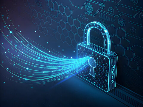 Glowing blue digital padlock with flowing data streams and hexagonal grid hologram neon