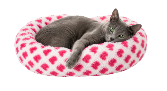 Gray cat relaxing in a cozy pink patterned pet bed with a transparent background, cutout PNG
