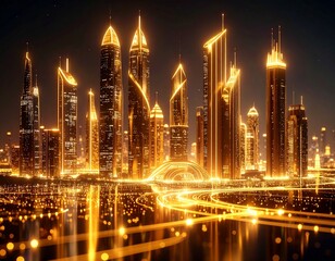 Fototapeta premium Golden futuristic city skyline, cyberpunk neon details, ultra-detailed, cinematic lighting, high-resolution digital art 