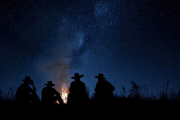 Campfire camaraderie under starry skies, silhouettes share stories.