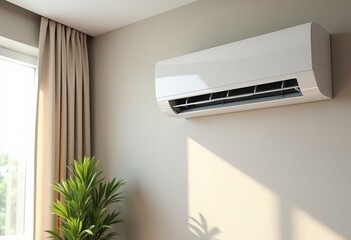 Modern air conditioner hanging on light wall in room