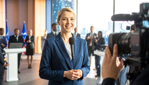 A woman in a business suit delivers a press conference, interviewed by a camera crew in a modern, public setting.
