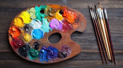 Colorful paint palette and 's brushes on a rustic wooden surface.