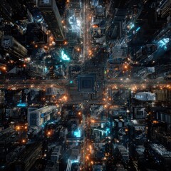 Obraz premium High-Angle View of Cityscape Lights at Night, for Urban Planning or Cyber-Technology