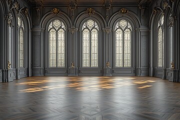 Obraz premium Grand, ornately decorated hall with large gothic style arched windows.