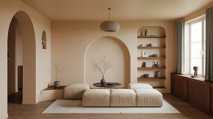 Modern living room with arched alcoves and minimalist beige sofa creating a serene and stylish interior design
