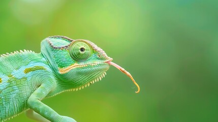 Fototapeta premium Green chameleon with tongue extended in lush greenery