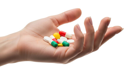 Hand holding various colorful pharmaceutical pills on a transparent background, cutout PNG