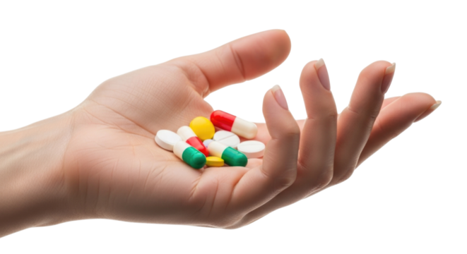 Hand holding various colorful pharmaceutical pills on a transparent background, cutout PNG