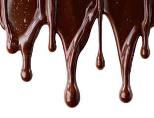 Melted chocolate drips in close-up.  Dark brown liquid streams downwards, forming glossy teardrops