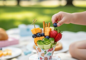 Photo of a childs hand reaches for a blueberry on a colorful fruit and cheese skewer, set up for a delightful outdoor picnic on a sunny day, showcasing a healthy and fun snack