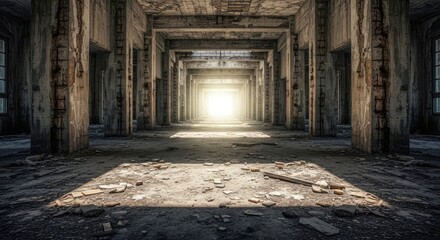Obraz premium Sunlight illuminates the end of a crumbling abandoned building hallway