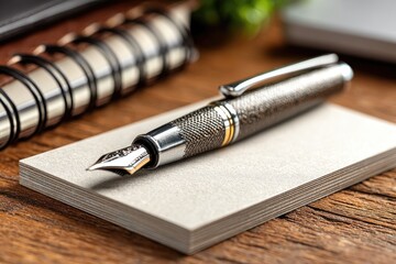 Fountain Pen resting on Notepad on Wooden Table - Closeup, Writing Implements