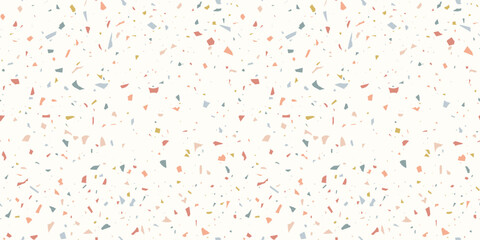 Seamless terrazzo vector pattern. Colorful pastel stone chips scattered on light Background. Minimal modern texture for tile, packaging, wallpaper, surface design