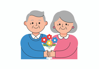 Sweet senior couple holding a bouquet of flowers perfect for greeting card or family health campaigns