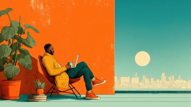 and keyword list based on the image

 Man Works on Laptop, Relaxing Indoors with Vivid Colors and Cityscape View.