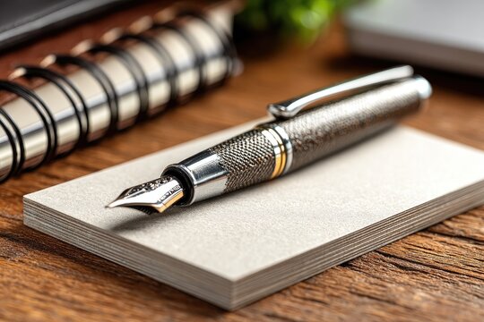 Fountain Pen resting on Notepad on Wooden Table - Closeup, Writing Implements
