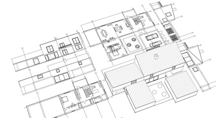 modern house sketch plan 3D illustration	
