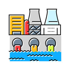 Naklejka premium pipes dumping colored liquid into river color icon vector illustration