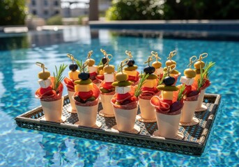 Photo of elegant appetizer skewers with cheese, olives, meat, and herbs served in small cups on a tray by a swimming pool, perfect for a sophisticated outdoor event
