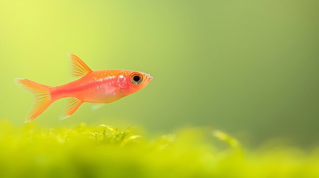 Vibrant orange glofish swimming in a lush green aquarium