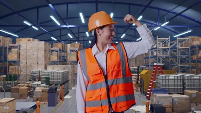 Asian Female Engineer With Safety Helmet Flexing Her Bicep And Smiling To Camera While Standing in Spacious Warehouse with Rows of Shelving