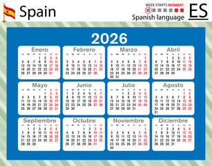 Spanish horizontal Pocket calendars for 2026. Week starts Monday