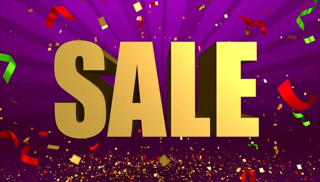 Bold, golden "SALE" lettering, set against a vibrant purple background dotted with confetti and streamers, creates a festive and exciting promotional display.