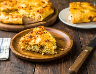 Delicious Savory Pie Slice on Wooden Plate.