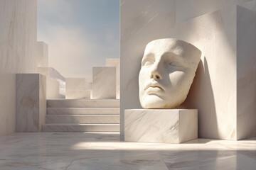 White gypsum sculpture head on geometric pedestal in minimalist bright gallery