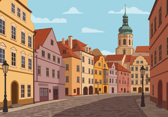 Naklejka premium Charming European Street Scene Colorful Buildings, Cobblestone Road, and Historic Church
