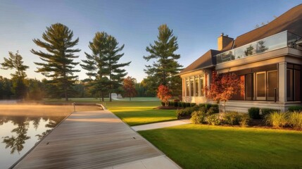 A modern house with large windows and a balcony stands near a serene lake, surrounded by a manicured lawn, green shrubs,