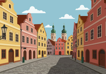 A colorful cityscape illustration depicting a European street lined with charming historic buildings, creating a vibrant and inviting atmosphere for tourism
