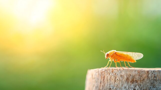 Tiny orange insect perched on a wooden post in warm sunlight