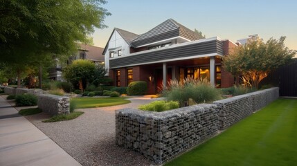 Modern residential house at sunset with red and white brickwork, large glowing windows, tiled roof, paved walkway,