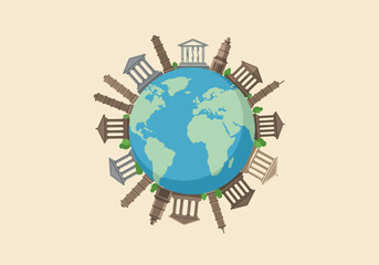 Illustration of Planet Earth Surrounded by Iconic World Architecture, Symbolizing Global Culture, Travel and Education, and Interconnectedness