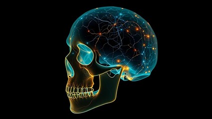 Bioluminescent neural networks pulsing inside a translucent human skull in darkness.