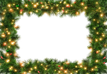 Seamless decorative christmas border with coniferous branches and garlands on transparent background, cutout