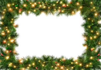 Seamless decorative christmas border with coniferous branches and garlands on transparent background, cutout