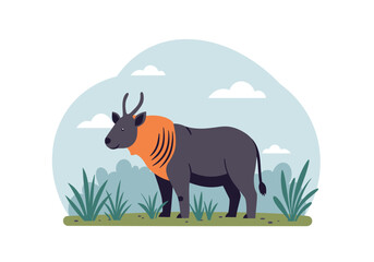 Fototapeta premium Illustration of a majestic wildebeest standing in a grassy field with a cloudy sky, showcasing its unique features and wild habitat, a serene wildlife scene