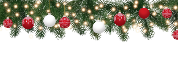 Seamless decorative christmas border with coniferous branches and garlands on transparent background, cutout