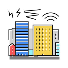 cityscape buildings surrounded by sound waves color icon vector illustration