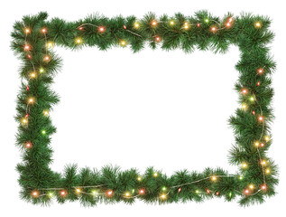 Seamless decorative christmas border with coniferous branches and garlands on transparent background, cutout