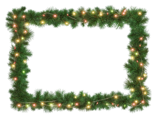 Seamless decorative christmas border with coniferous branches and garlands on transparent background, cutout