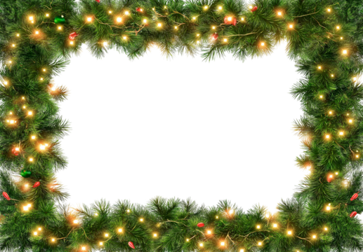 Seamless decorative christmas border with coniferous branches and garlands on transparent background, cutout